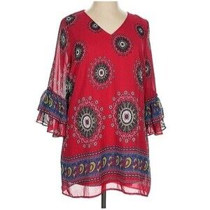 UMGEE Red Paisley Boho Tunic XL Relaxed Fit Tiered Flutter Sleeves Sheer Overlay